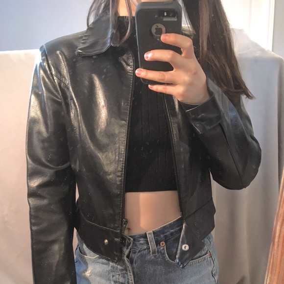 Black Shiny Cropped Leather Jacket - Picture 1 of 8
